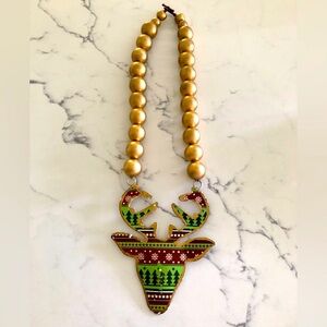 Handmade reindeer decoupage Christmas holiday necklace w/gold wooden beads!